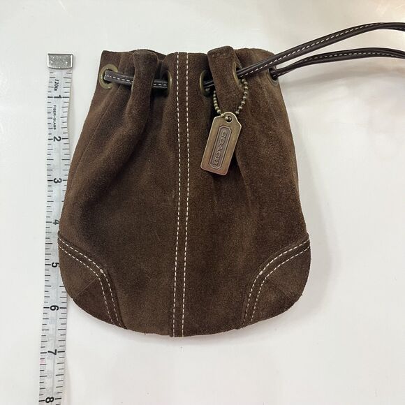 COACH Vintage Mini Drawstring Wristlet handbag Chocolate Brown Suede EUC 6” x 6” - Picture 9 of 12